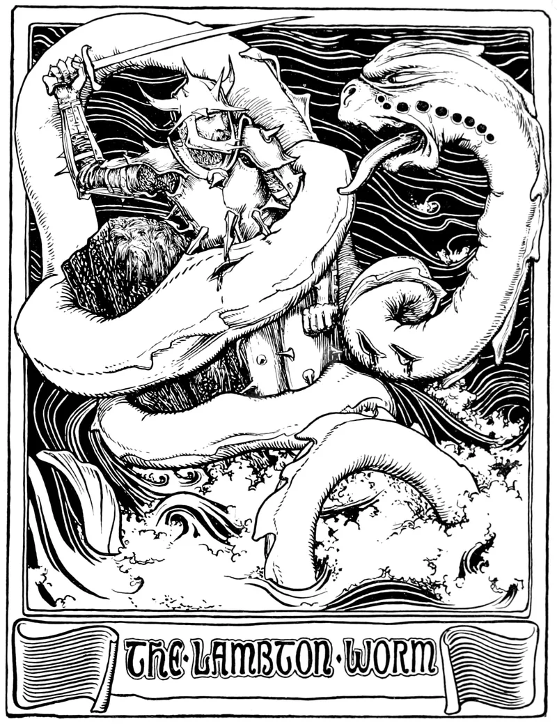 Black and white drawing of an armoured man wrapped in the coils of a huge worm