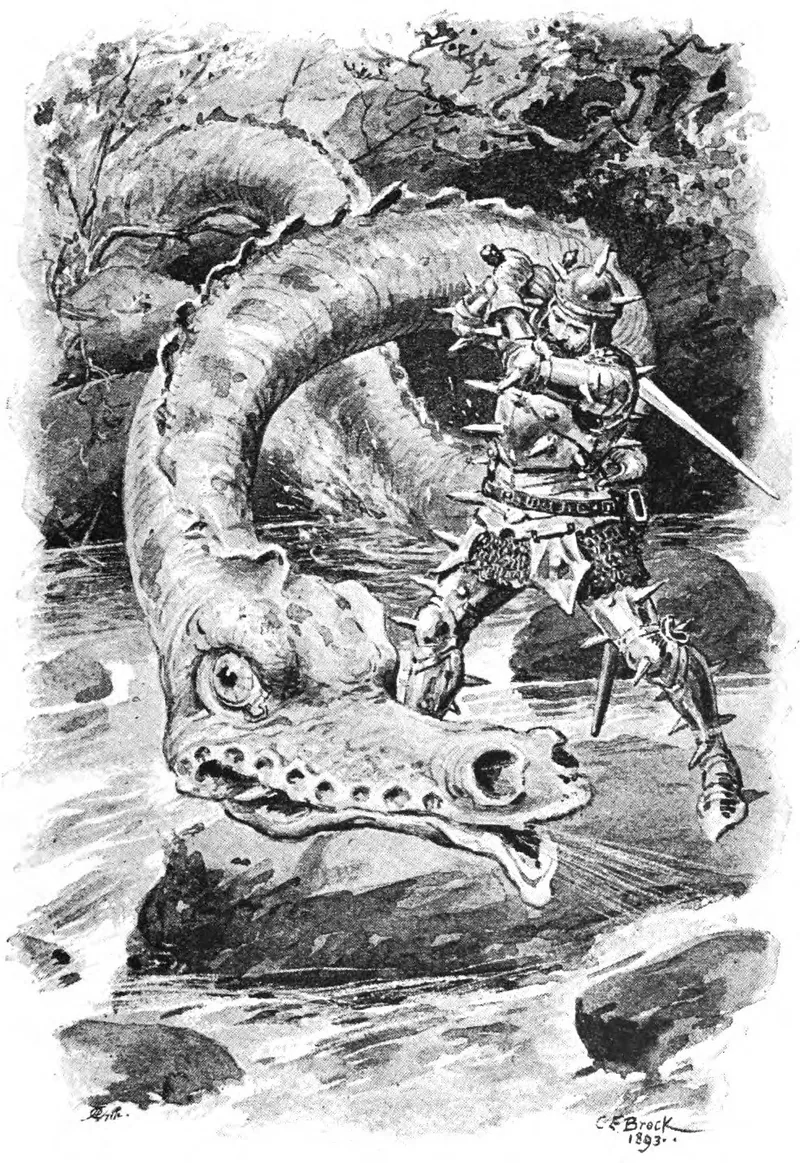 Black and white drawing of an armoured knight striking a giant serpent coiled round him