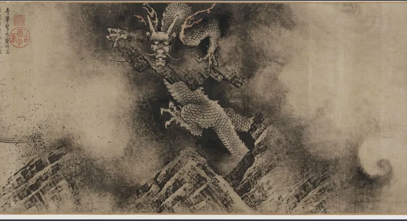 Ink painting of a horned, scaly dragon twisting among dark clouds and rocks
