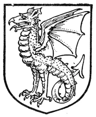 Black and white heraldic drawing of a two-legged winged wyvern on a shield