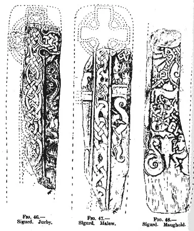 Black and white drawings of three carved stone crosses decorated with interlace and figures
