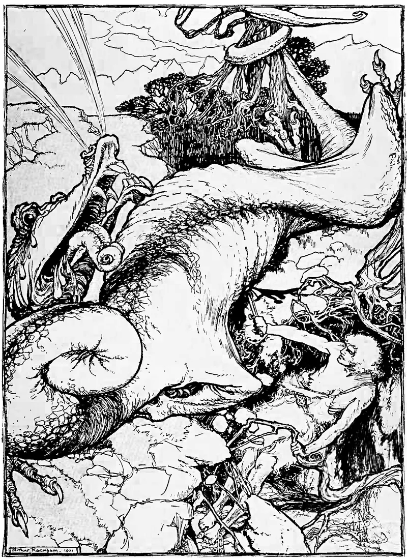 Colour illustration of a young man with a sword crouched beneath a huge dragon
