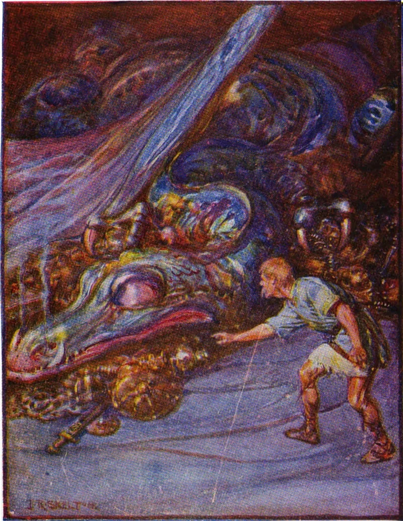 Colour painting of a man taking a golden cup from a hoard beside a sleeping dragon
