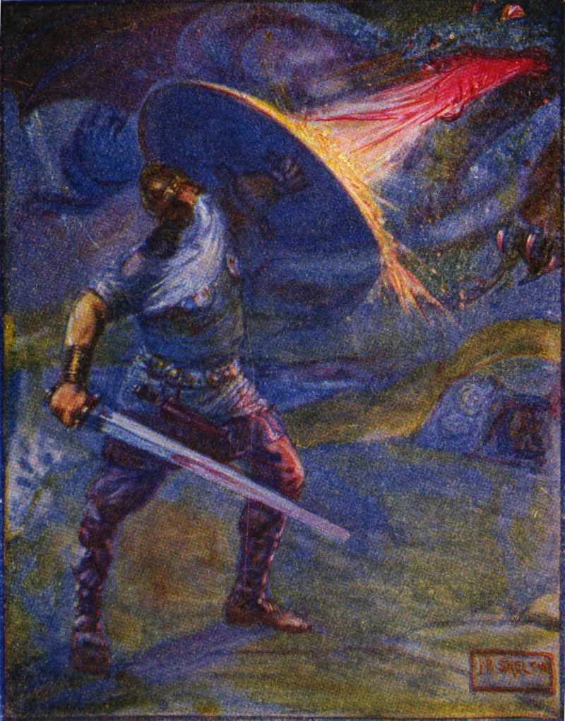 Colour painting of a warrior with sword and shield facing a dragon breathing fire
