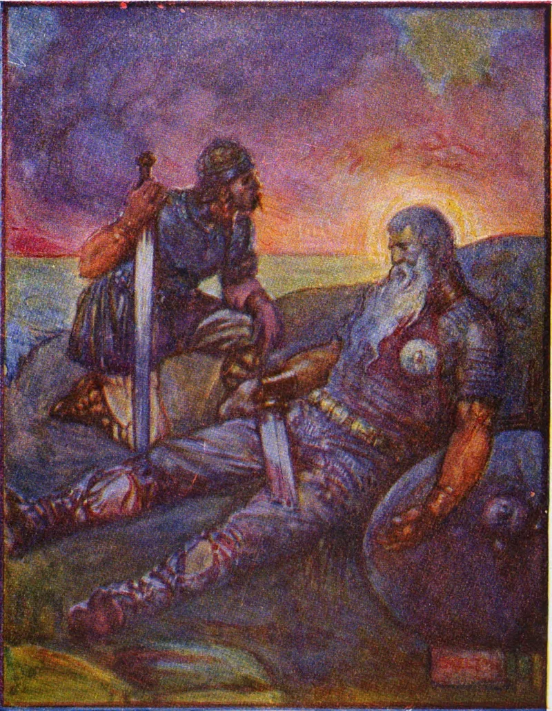 Colour painting of a young warrior kneeling beside a wounded old king