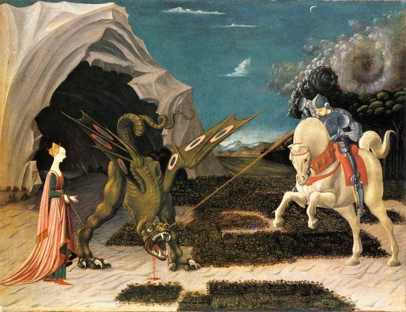 Painting of a knight on a white horse driving a lance into a green winged dragon while a princess holds it on a lead
