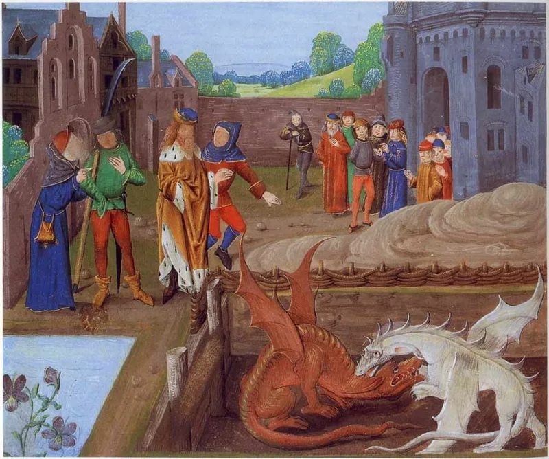 Medieval painting of a king and his companions watching a red dragon and a white dragon fight beside a pool
